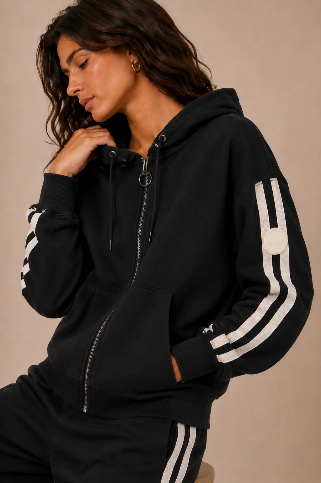 DKNY-SideStripeFullZipHoodieBlack1 DKNY Γυναικεία Ζακέτα Μαύρο